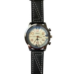 Nanxi Black Leather white top stitch Watch Stainless Steel
